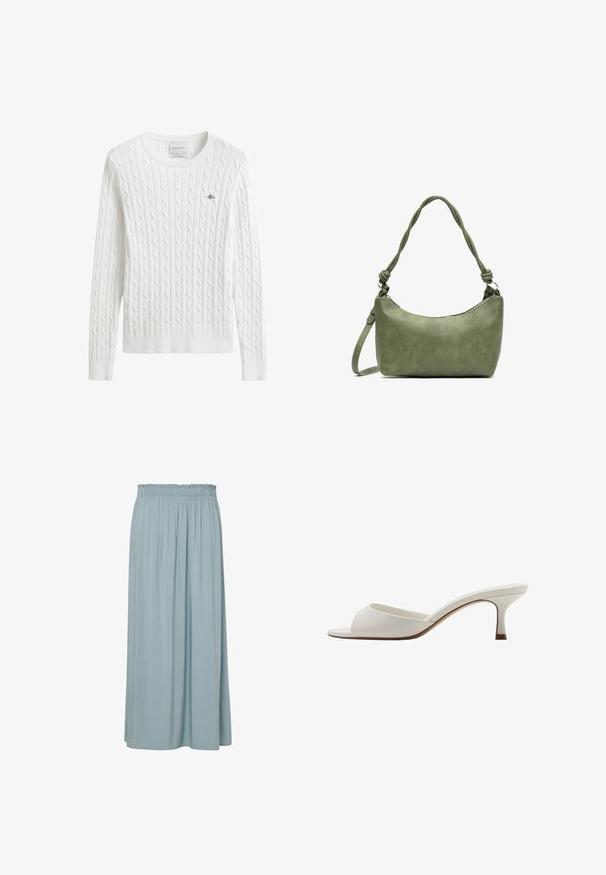 Witte kabelgebreide trui met ronde hals, geribbelde manchetten en zoom, met een klein geborduurd logo op de linkerborst.; Lichtblauwe maxi-rok met een gegadde elastische tailleband, gemaakt van zachte stof, met verticale plooien voor textuur en vloeiendheid.; Witte open-toed hoge hakken met een gladde afwerking, minimalistisch ontwerp en een slanke hak, met een subtiele bruine accent op de zool.; Groeneleren handtas met een gladde textuur, gebogen vorm en gevlochten handvat. Beschikt over een ritsluiting en een verstelbare schouderband.