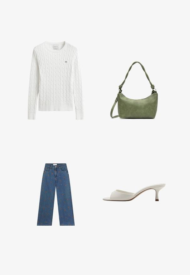 Vitt kabelstickat tröja med rund halsringning, ribbade muddar och fåll, med en liten broderad logotyp på vänster bröst.; Breda blå denimjeans med broderade blommönster i orange och vitt, med knäppning och framfickor.; Vita öppna högklackade mules med en slät yta, minimalistisk design och en slank klack, med en subtil brun accent på sulan.; Grön läderhandväska med en slät yta, böjd form och flätad handtag. Har ett blixtlås som stängning och en justerbar rem.