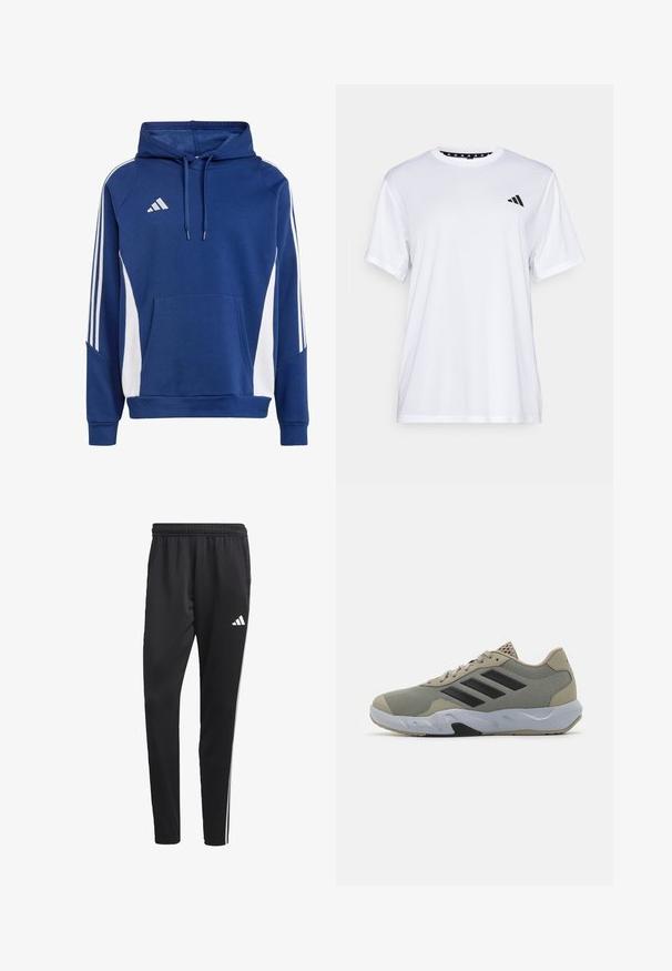 Moleton azul com capuz e painéis laterais brancos, apresentando um bolso frontal e cordões. Feito de um tecido macio com um design desportivo.; Camiseta atlética branca de mangas curtas, feita de tecido que absorve a humidade. Apresenta um logótipo preto no lado esquerdo do peito e um decote interior com padrão.; Calças de treino pretas com um cós elástico, riscas laterais brancas e um pequeno logotipo branco na coxa. Feitas de um material leve e suave.; adidas Performance AMPLIMOVE - Sapatilha de treino - silver pebble/core black/dash grey