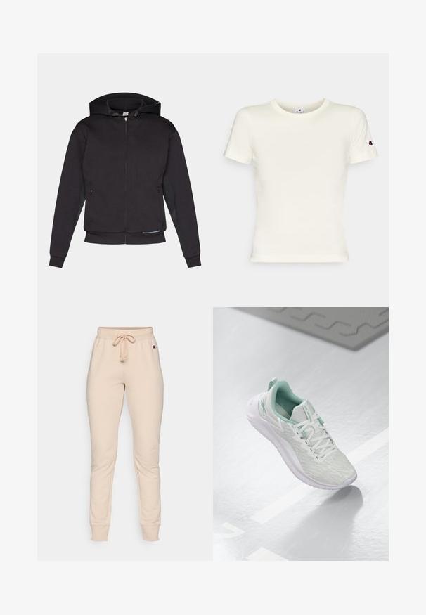 Melnā kapucēta sudraba rāvējslēdzēja jaka ar oderētu kapuci, priekšējām kabatām, ribotiem piedurkņiem un taisnu apakšmalu. Izgatavota no mīkstas, biezas auduma ar matētu tekstūru.; Krēmkrāsas T-kreklu ar īsām piedurknēm, izgatavots no kokvilnas, ar aploksnes kaklu un izšūtu logo uz kreisās piedurknes. Gluda tekstūra, klasiskā piegriezne.; Bēša sporta bikses ar elastīgas jostasvietas, iekšējo auklu un ribotajiem aproces. Ir mazs logos kreisajā pusē tuvu jostasvietai.; Gaišpelēka sporta apava ar teksturētu trikotāžas augšu, mentolzaļiem akcentiem, baltām šņorēm, gumijas zoli un cilpu uz papēža.