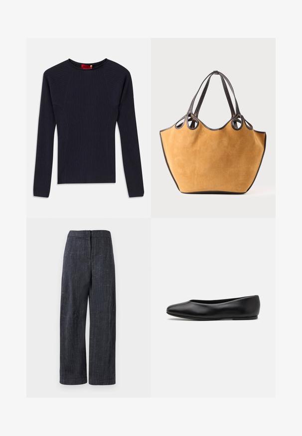 Marineblauwe, langarm geribde trui met ronde hals en slanke pasvorm.; Donkergrijze wijde broek met een subtiele geweven structuur, hoge taille en verborgen sluiting aan de voorkant.; Paul Smith TOPANGA - Ballerina's - black; Suède tote tas in mosterd met zwarte leren afwerking. Bevat dubbele handgrepen en een ronde vorm. Zachte textuur, minimalistisch ontwerp.