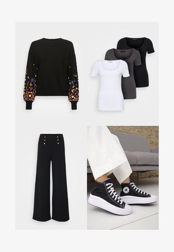 Hanorac negru cu broderie florală în nuanțe de albastru, portocaliu, galben și roz pe mâneci. Guler rotund și manșete ribbate.; Trei tricouri ajustate, în alb, gri și negru. Fiecare are un decolteu larg în formă de cerc și mâneci scurte. Fabricate dintr-un material neted și elastic.; Pantaloni negri cu croi evazat, având o textură netedă, talie înaltă și patru butoane aurii în față, proiectați pentru o potrivire ajustată.; Adidași negri înalți cu tălpi și șireturi albe din cauciuc. Prezintă o pată logo rotundă și cusături albe contrastante. Material din pânză.