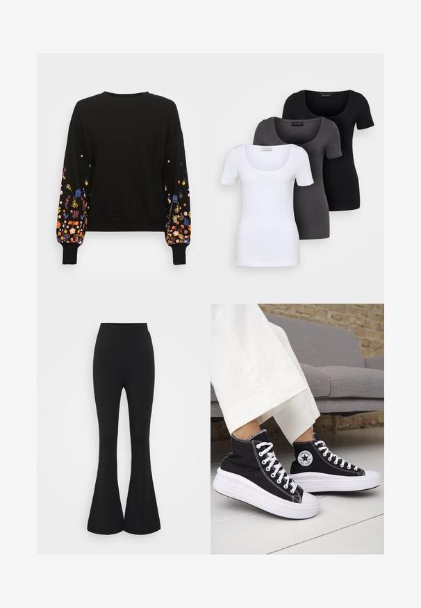 Black sweatshirt with floral embroidery in shades of blue, orange, yellow, and pink on the sleeves. Crew neck and ribbed cuffs.; Three fitted T-shirts in white, gray, and black. Each features a wide scoop neckline and short sleeves. Made from smooth, stretchy fabric.; Black flared pants made from a stretchy fabric. The design features a high waistband and a flared hem that opens below the knee.; Black high-top sneakers with white rubber soles and laces. Features a round logo patch and contrasting white stitching. Canvas material.