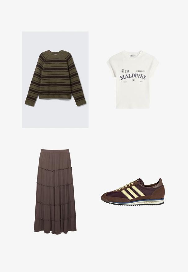 Olivno zelena in temno rjava črtasta pulover iz teksturirane pletene tkanine; ima okroglo ovratnico ter rebrasta manšeta in spodnji rob.; Bela bombažna majica s kratkimi raglan rokavi. Vsebuje grafični tisk "MALDIVES" v temno sivi barvi ter logotipe in datume 2008 in 2014.; Rjava slojevita maksi krila iz lahkega blaga. Ima tri vodoravne nabore in elastičen pas za udobje.; Rjavi in rdeče-burgundske teniske iz usnja in mrežastega materiala, ki imajo tri smetane stripe, teksturirano blago na jeziku in gumijast podplat.
