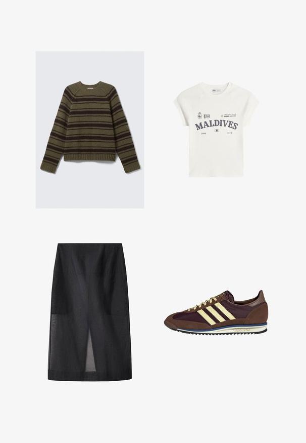 Olivovo zelený a tmavohnedý pruhovaný sveter vyrobený z textúrovanej pleteniny; má okrúhly výstrih a rebrované manžety a lem.; Biely bavlnený tričko s krátkymi raglánovými rukávmi. Obsahuje grafický potlač "MALDIVES" v tmavosivej farbe, spolu s logami a dátumami 2008 a 2014.; Čierna midi sukňa s hladkou textúrou, vysokým pásom a predným rozparkom. Jednoduchý, nezdobený dizajn s rovnou siluetou.; Hnedé a bordové tenisky z semišu a sieťoviny, s tromi krémovými pruhmi, textúrovanou tkaninou na jazyku a gumovou podrážkou.