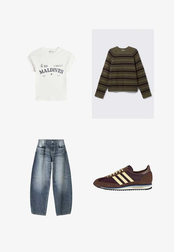 Svetr s pruhy v olivově zelené a tmavě hnědé barvě, vyrobený z texturované pleteniny; má kulatý výstřih a žebrované manžety a lem.; Bílý bavlněný tričko s krátkými raglánovými rukávy. Vlastnosti zahrnují grafický potisk "MALDIVES" v tmavě šedé barvě, spolu s logy a daty 2008 a 2014.; Džínsy s širokými nohavicemi vyrobené z světle modrého denimového materiálu s vybledlým vzhledem, s pěti kapsami, zapínáním na knoflík a minimálními stehy.; Hnědé a burgundské tenisky z semiše a síťoviny, s třemi krémovými pruhy, texturovaným materiálem na jazyku a gumovou podrážkou.