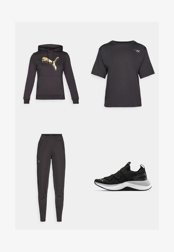 Čierna mikina s kapucňou, dlhými rukávmi a prednou vreckom. Obsahuje zlaté logo Puma a kontrastné pruhy na logu. Mäkká látka.; Čierne tričko s krátkym rukávom vyrobené z mäkkej tkaniny, s okrúhlym výstrihom a malým logom na hornej ľavej strane.; Čierne športové legíny vyrobené z elastického materiálu, s vysokým pásom, bočnými vreckami a malým reflexným logom na ľavom stehne.; Čierne športové topánky s textúrovaným zvrškom, elastickými pásikmi a hrubou bielou medzipodrážkou. Obsahujú sivý akcent pozdĺž podrážky.