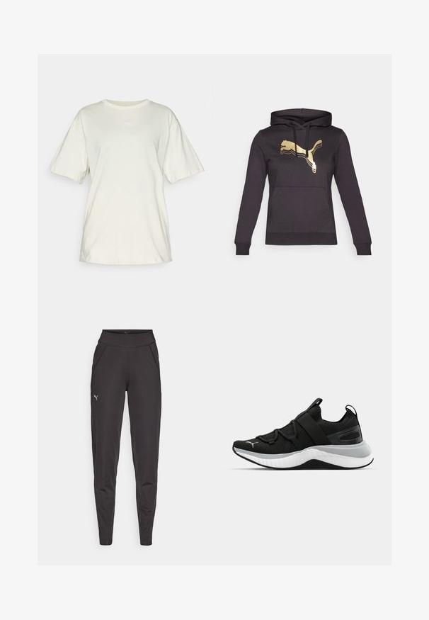 Čierna mikina s kapucňou, dlhými rukávmi a prednou vreckom. Obsahuje zlaté logo Puma a kontrastné pruhy na logu. Mäkká látka.; Svetlo béžové bavlnené tričko s krátkymi rukávmi, okrúhlym výstrihom a malým bielym logom Puma umiestneným v strede hrude. Mäkko, ležérny strih.; Čierne športové legíny vyrobené z elastického materiálu, s vysokým pásom, bočnými vreckami a malým reflexným logom na ľavom stehne.; Čierne športové topánky s textúrovaným zvrškom, elastickými pásikmi a hrubou bielou medzipodrážkou. Obsahujú sivý akcent pozdĺž podrážky.