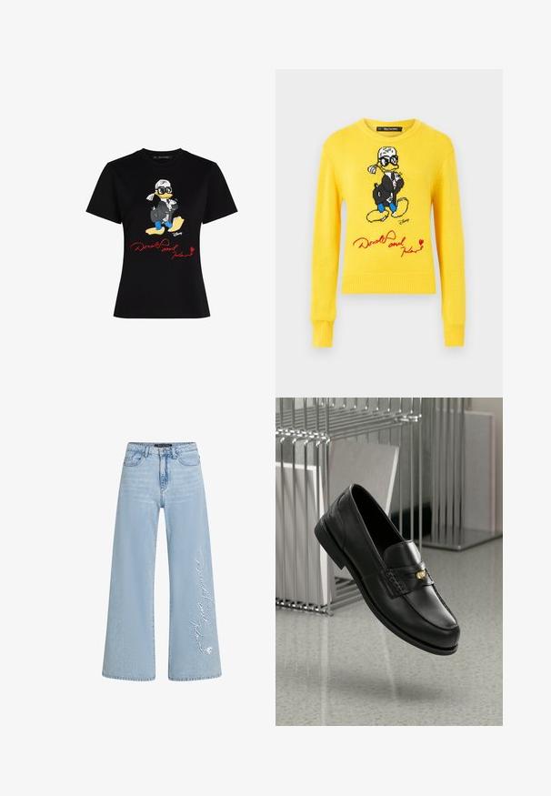 Yellow knitted sweater featuring Donald Duck with a black jacket, blue shoes, and red signature detail. Round neckline and ribbed cuffs.; Black cotton t-shirt featuring a colorful cartoon character graphic and red text "Donald and Karl" on the front. Short sleeves, classic fit.; Light blue wide-leg jeans in denim with stitched "Donald and Daisy" text on the left leg. Features classic five-pocket design and belt loops.; Black leather loafers with a smooth finish, featuring a decorative band and small gold accent. The sole is flat with a rounded toe.