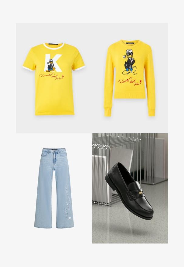 Rumena pletena pulover s prikazom Donalda Daka, oblečenega v črn plašč, z modrimi čevlji in rdečimi detajli. Okrogla vrhnja točka in rebrasti manšeti.; Rumena bombažna majica s dolgimi rokavi in belim ovratnikom. Ima velik bel 'K' in grafiko Donalda Ducka z besedilom "Donald Duck" v rdeči barvi.; Svjetloplave traperice širokih nogavica s izvezenim tekstom "Donald i Daisy" na lijevoj nogavici. Sadrži klasičan dizajn s pet džepova i petlje za remen.; Črne usnjene loafer čevlje z gladko površino, ki imajo dekorativen trak in majhen zlati akcent. Podplat je raven z zaobljenim prstom.