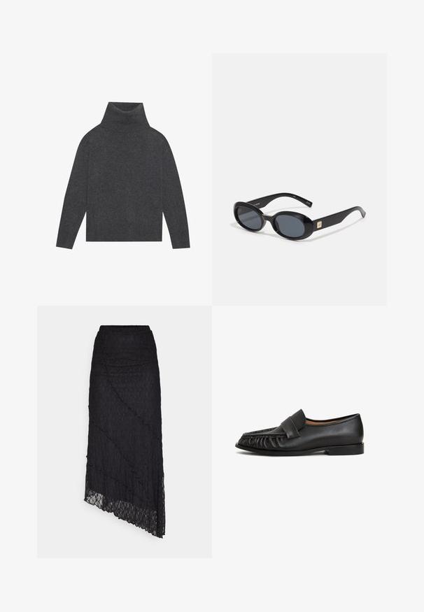 Pulover gri cu guler înalt, realizat dintr-un tricot moale și texturat. Dispune de mâneci lungi și o formă relaxată, de tip boxy, cu tiv și manșete cu nervuri.; ONLY ONLKIM LACE SKIRT - Fustă maxi - black; Mocasini din piele neagră, cu vârf rotunjit, detalii strânse în față și talpă plată. Design minimalist cu textură netedă.; Ochelari de soare ovali negri cu lentile întunecate, ramă din plastic lucios, brațe late și un mic accent de aur pe o parte.