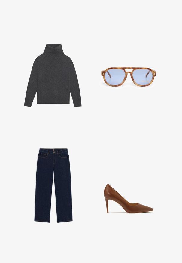 Grijze coltrui van een zachte, gestructureerde brei. Heeft lange mouwen en een ontspannen, boxy vorm met een geribde zoom en boorden.; Donkerblauwe denim jeans met een rechte pasvorm, vijf zakken en contrasterende oranje stiksels. De tailleband heeft een metalen knoop en een ritssluiting.; Bruin leren hoge hak pump met een spitse neus, met een gladde textuur en een slanke silhouet, met een hoogte van ongeveer 7,5 centimeter.; Schildpadbril met blauwe lenzen, hoekig ontwerp, dikke rand en uitsparing voor de neusbrug; met een gouden accent op de poot.