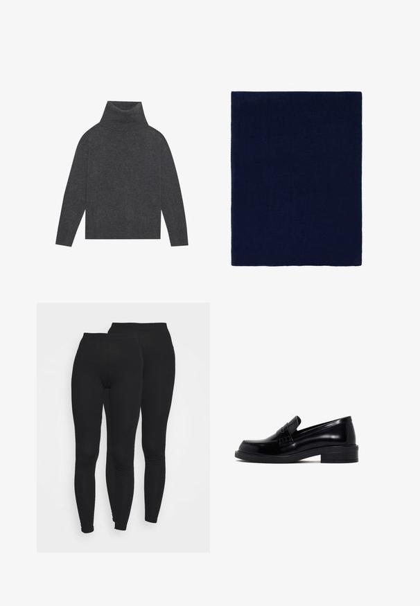 Un pull col roulé gris en tricot doux et texturé. Il possède des manches longues et une coupe ample et carrée avec un ourlet et des poignets côtelés.; Leggings noirs avec une taille élastique, fabriqués dans un tissu lisse et extensible. Présentent un design ajusté se rétrécissant aux chevilles.; Mocassins en cuir noir avec une finition lisse, bout rond, petit talon bloc et une sangle décorative sur le dessus. Détails texturés sur les côtés.; Tapis de bain carré bleu marine en tissu texturé, doté d'une surface uniforme sans motifs ni embellissements.