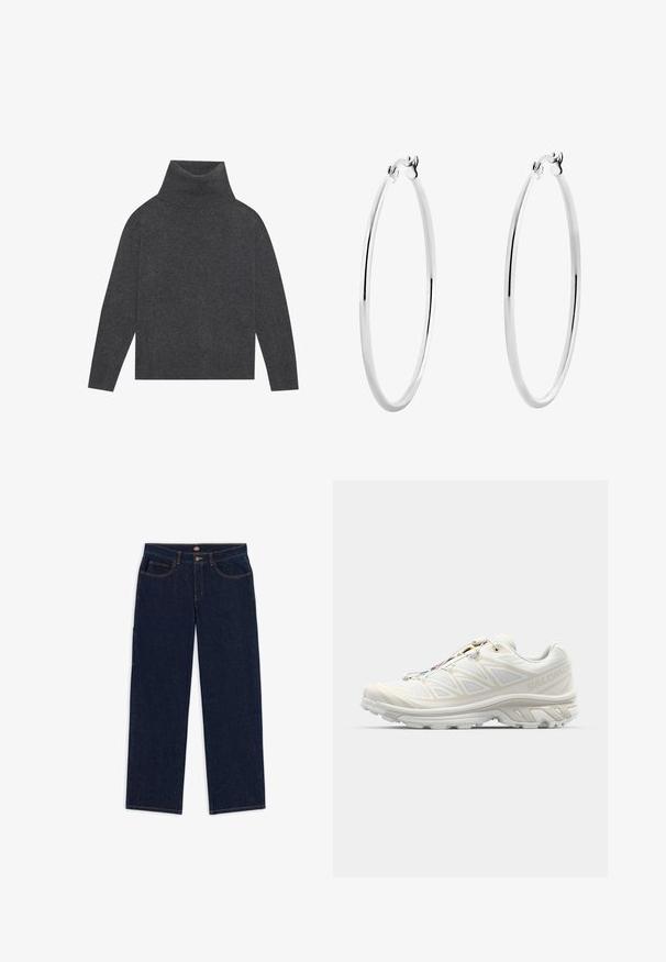 Maglione grigio a collo alto realizzato in un morbido knit testurizzato. Presenta maniche lunghe e una forma rilassata e squadrata con orlo e polsini a costine.; Jeans in denim blu scuro con una vestibilità dritta, cinque tasche e cuciture arancioni a contrasto. La vita include un bottone metallico e una cerniera.; Scarpa da corsa bianca con tomaia in mesh traspirante, dettagli texturizzati e suola imbottita. Dispone di un sistema di lacci rapidi per una vestibilità facile.; Orecchini a cerchio in argento con una superficie liscia e lucida e una forma circolare sottile. Il design presenta una chiusura sicura.