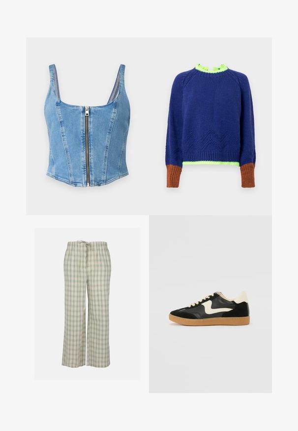Suéter de punto azul marino con un patrón de zigzag texturizado, cuello verde con volantes y puños acanalados marrones. Presenta contrastes de colores vibrantes y un ajuste holgado.; Top corto de denim en azul claro con escote redondeado, costuras estructuradas y cierre de cremallera en el frente. Textura suave con silueta ajustada.; Pantalones de pijama de cuadros verdes y blancos, hechos de un tejido suave, cuentan con una cintura elástica con cordón y piernas anchas y relajadas.; Zapatillas de deporte de ante y cuero negro con un swoosh lateral en crema y un talón en crema claro. Presenta cordones beige y una suela de goma marrón.