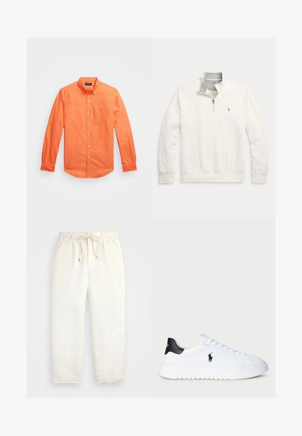 Negyedcipzáros pulóver krém színű pamut keverékből, szürke gallér béléssel, diszkrét logó hímezéssel, bordás mandzsettákkal és aljjal.; Hosszú ujjú, élénk narancssárga pamut ing, klasszikus gallérral, diszkrét logóhímzéssel és gombos mandzsettával.; Világos krém színű, puha anyagból készült könnyed nadrág. Rugalmas derékpánttal és húzózsinórral rendelkezik, valamint keskenyített lábdesign jellemzi.; Fehér alacsony szárú sportcipő fekete saroktabbal és fekete Polo Ralph Lauren logóval az oldalon, fehér fűzőkkel és vastag gumitalppal.