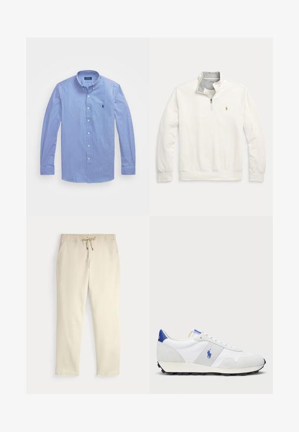 Η φούτερ με τσέπη και φερμουάρ στο μισό, σε φυσικό λευκό χρώμα από μείγμα βαμβακιού, διαθέτει γκρι επένδυση στο γιακά, διακριτικό κέντημα λογότυπου, και ριμπ μανσέτες και στρίφωμα.; Μπλε και λευκή ριγέ μακρυμάνικη πουκάμισο με κουμπιά. Περιλαμβάνει κλασικό γιακά και μικρό λογότυπο, φτιαγμένο από ελαφρύ βαμβάκι.; Εκρού ελαστικά παντελόνια με κορδόνι στη μέση, ίσια πόδια και πλάγιες τσέπες σε απλό φόντο.; Λευκά αθλητικά παπούτσια με γκρι σουέτ λεπτομέρειες, διχτυωτό επάνω μέρος, μπλε ταμπά στην φτέρνα και μαυρό καουτσούκ σόλα. Διαθέτουν κλείσιμο με κορδόνια και λογότυπο.