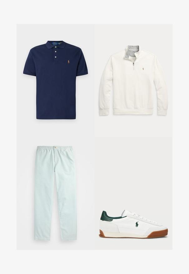 Sweatshirt à col zippé en coton mélangé blanc cassé, avec doublure de col grise, broderie de logo discrète, et bords côtelés.; Polo en coton bleu marine avec un col classique, une patte de boutonnage à trois boutons et un logo brodé sur la poitrine. Manches courtes, texture lisse.; Pantalons décontractés bleu clair, à taille élastique, avec des poches latérales et une fermeture à bouton unique à l'avant.; Baskets blanches avec des accents en cuir vert et une semelle en caoutchouc beige. Présente un corps en tissu et un logo bien visible sur le côté. Design à lacets.