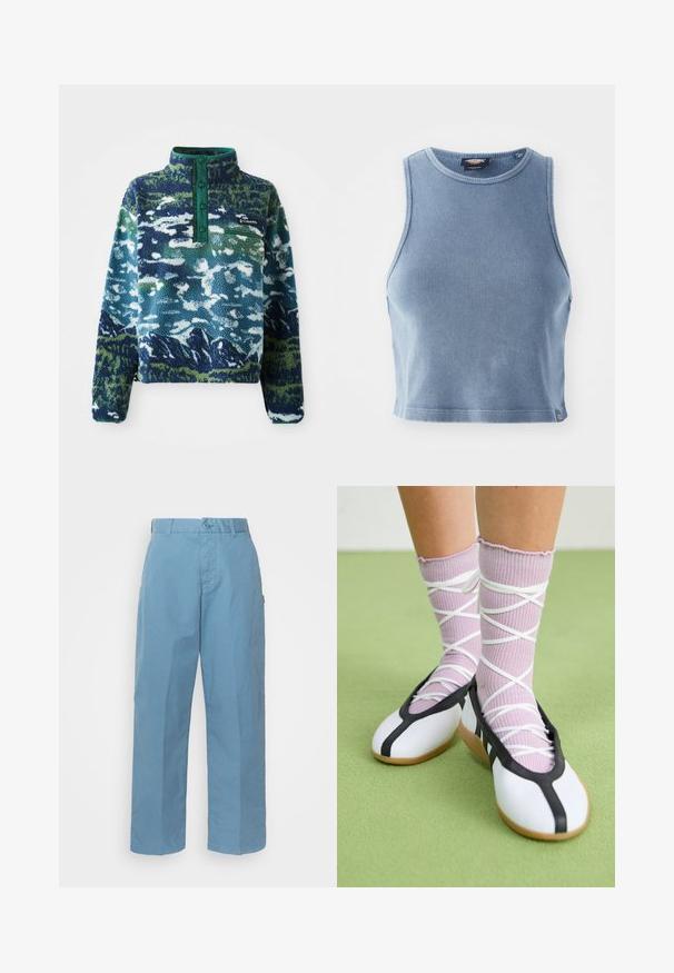 Pull en polaire avec un col vert, arborant un motif de montagne dans des tons de bleu et de vert. Comprend une poche zippée et une patte de bouton.; Top crop côtelé bleu clair avec un col rond et sans manches. Texture lisse et petit logo brodé en bas.; Pantalon en coton bleu clair avec une coupe droite, doté d'une fermeture à bouton, de passants de ceinture et d'une texture subtile.; Des chaussures plates blanches avec des bords et une semelle noirs, assorties à des chaussettes côtelées violettes claires avec des lanières blanches croisées. Placées sur un fond vert.