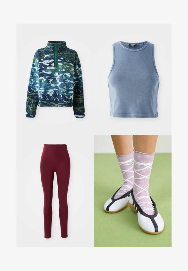 Flis pulover s zelenim ovratnikom, koji prikazuje print planine u plavim i zelenim tonovima. Uključuje džep sa zatvaračem i dugmasti otvor.; Svijetloplava rebrasta kratka majica s okruglim izrezom i bez rukava. Glatka tekstura i mali logotip na rubu.; Burgundijske tajice visokog struka izrađene od rastezljivog materijala, s glatkom teksturom i detaljom bočne džepove.; Bijele ravne cipele s crnim obrubom i potplatom, uparene s svijetlopurpurastim rebrastim čarapama koje imaju bijele križne trake. Postavljene na zelenoj pozadini.