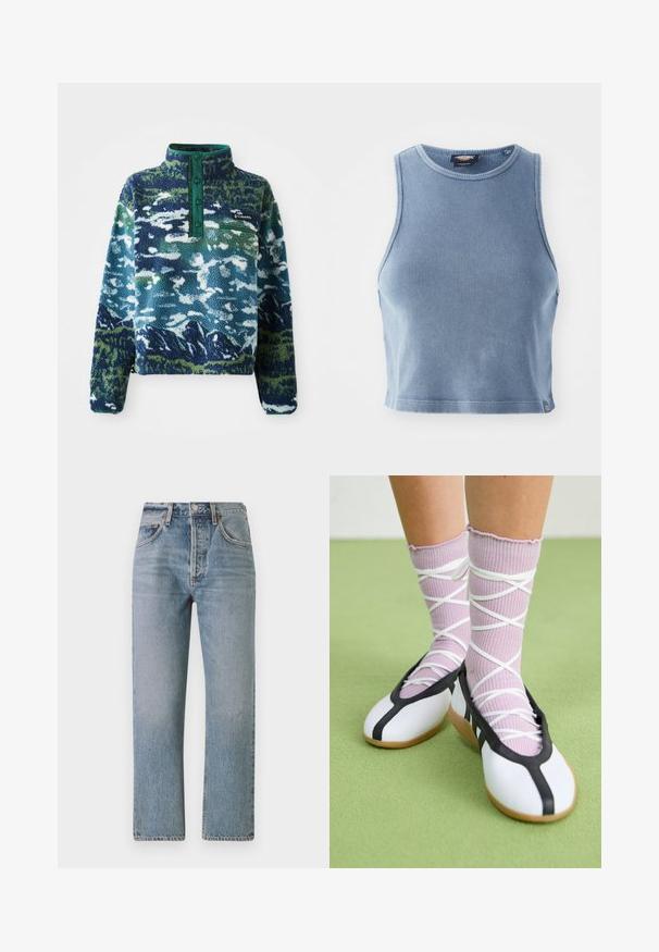 Fleece pulloveri vihreällä kauluksella, jossa on vuoristotulostus sinisen ja vihreän sävyissä. Sisältää vetoketjullisen taskun ja napitusläppä.; Vaaleansininen ribatetyt crop-top, jossa on pyöreä kaula-aukko ja hihattomuus. Pehmeä pinta ja pieni logo-tyyppitys helmaosassa.; Vaaleansiniset farkut suoran mitoituksen, korkealla vyötäröllä ja klassisella viidellä taskulla. Sisältää hienovaraista haalistumista ja vetoketjuluukun.; Valkoiset litteät kengät mustalla reunuksella ja pohjalla, yhdistettynä vaaleanliiloihin ribbatuiksi sukkiin, joissa on valkoiset ristikkäin nauhat. Taustalla vihreä väri.