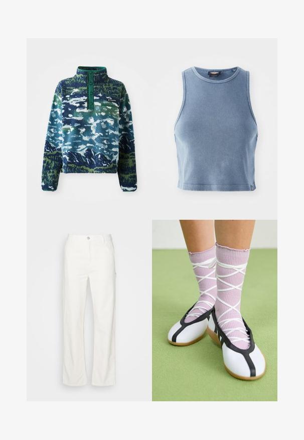 Fleece mikina so zeleným golierom, s potlačou hory v modrých a zelených odtieňoch. Obsahuje zipsovú kapsu a gombíkovú légou.; Svetlomodrý rebrovaný crop top s okrúhlym výstrihom a bezrukávovým dizajnom. Hladká textúra a malé logo na leme.; Biele bavlnené nohavice rovného strihu s predným zapínaním na gombík, pútkom na opasok a bočnými vreckami. Hladká textúra bez viditeľných vzorov.; Biele ploché topánky s čiernymi ozdobami a podrážkou, doplnené svetlopurpurovými rebrovanými ponožkami s bielymi krížovými pásikmi. Umiestnené na zelenom pozadí.
