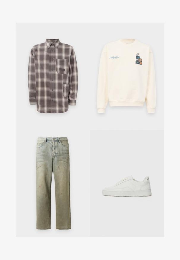 Kermanvärinen crewneck-huppari, jossa on sininen teksti "Filling Pieces" vasemmassa rinnassa ja graafinen kuva pinotusta vintage-kaiuttimesta oikeassa rinnassa.; Ruskea ja beige ruudullinen pitkähihainen nappipaita, jossa on kaksi etutaskua ja kärjenmuotoinen kaulus.; Vaaleanvihreät kulutetut farkut suoran lahkeen, viiden taskun muotoilun ja epätasaisen haalistumisen sekä maalikohoumiin kanssa.; Valkoinen nahkakenkä, jossa on sileä pinta, pyöreä kärki, tasaiset nauhat ja teksturoitu pohja. Sisältää huomaamattoman logon kantapäässä.