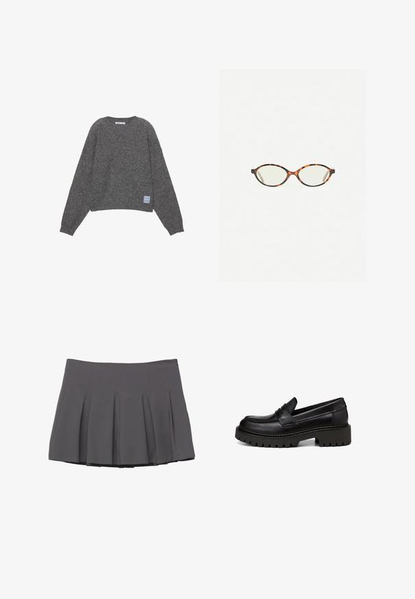 Gray knitted sweater with a crew neck, long sleeves, and a cropped hem. Features a blue logo patch at the lower left side.; Gray pleated skirt with a smooth texture, featuring stitched detailing and a fitted waistband, finishing at mid-thigh length.; Marc O'Polo LOAFER MIT ROBUSTER PROFIL - Slip-ons - black; Tortoiseshell eyeglasses with oval lenses and a sleek, smooth finish. Features thin sides with a subtle curve at the temples. Clear lenses.