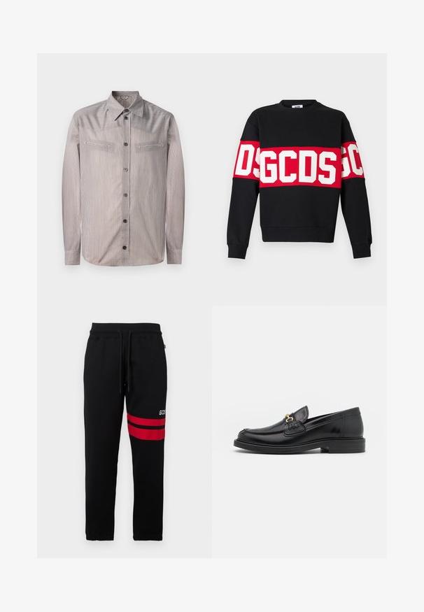 Black sweatshirt featuring a wide red band with large white letters "DSGDCS" across the chest. Classic crew neck and ribbed cuffs.; Striped button-up shirt in light colors, featuring a classic collar, two chest pockets, and long sleeves. Smooth texture with subtle sheen.; Black sweatpants with contrast red stripes and logo on the side. Features an elastic waistband with drawstring and tapered ankle cuffs.; Black leather loafers with a rounded toe, featuring gold hardware accent and stitching detail, set on a low, textured rubber sole.