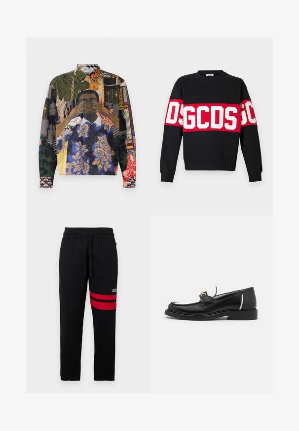 Felpa nera con una ampia fascia rossa con grandi lettere bianche "DSGDCS" sul petto. Collo rotondo classico e polsini a costine.; Camicia a maniche lunghe di colori vari, caratterizzata da un collage di motivi, tra cui fiori, forme geometriche e motivi illustrati su un tessuto texturizzato.; Pantaloni sportivi neri con strisce rosse a contrasto e logo sul lato. Presentano una vita elastica con cordino e polsini alla caviglia a punta.; Mocassino in pelle nera con punta arrotondata, accenti bianchi e dettagli in oro sulla parte anteriore. Presenta un patch testurizzato e un tacco impilato.