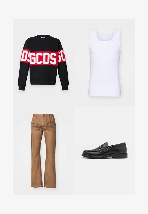 Sudadera negra con una amplia banda roja y grandes letras blancas "DSGDCS" en el pecho. Cuello redondo clásico y puños de canalé.; Camiseta sin mangas de algodón blanca con escote redondo, que presenta una textura suave y una forma ajustada, diseñada para el uso casual.; Pantalones vaqueros acampanados marrones de denim, con bolsillos delanteros, un cierre de botón único y un ligero desvanecimiento sutil para una apariencia texturizada.; Mocasines de cuero negro con punta redondeada, que cuentan con un detalle de herrajes dorados y costuras, situados sobre una suela de goma texturizada y baja.