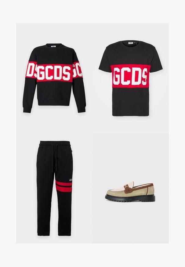 Schwarzer Pullover mit einem breiten roten Streifen und großen weißen Buchstaben "DSGDCS" über der Brust. Klassischer Rundhalsausschnitt und gerippte Bündchen.; GCDS BAND LOGO REGULAR - T-Shirt print - black; Schwarze Jogginghose mit kontrastierenden roten Streifen und Logo an der Seite. Sie verfügt über einen elastischen Bund mit Kordelzug und eng zulaufende Beinabschlüsse.; Loafer mit beigen, hellrosa und braunen Wildlederpaneelen, goldenen Metallschnallenakzenten und dicker schwarzer Gummisohle mit Profilmuster.