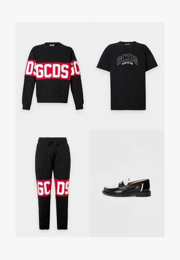 Sweatshirt noir avec une large bande rouge et de grandes lettres blanches "DSGDCS" sur la poitrine. Col ras du cou classique et poignets côtelés.; T-shirt en coton noir à manches courtes. Présente un logo GCDS blanc et le texte "MILANO ITALY 1988" en arc. Coupe standard et col rond.; Pantalon de survêtement noir avec des genouillères rouges arborant de grandes lettres blanches "GCDS", taille élastique avec cordon de serrage, et poignets élastiques fuselés.; Mocassin en cuir noir et blanc avec un embout arrondi, un petit talon et un détail de sangle sur le dessus, présenté de côté sur un fond blanc.