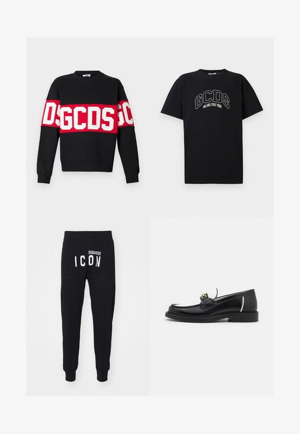 Black sweatshirt featuring a wide red band with large white letters "DSGDCS" across the chest. Classic crew neck and ribbed cuffs.; Black cotton t-shirt with short sleeves. Features white GCDS logo and "MILANO ITALY 1988" text in an arch. Standard fit and crew neck.; Black sweatpants featuring a soft texture, tapered legs, and pockets. The back displays "DSQUARED2 ICON" in bold white letters.; Black leather loafer with a rounded toe, white accents, and gold hardware on the vamp. Features a textured patch and stacked heel.