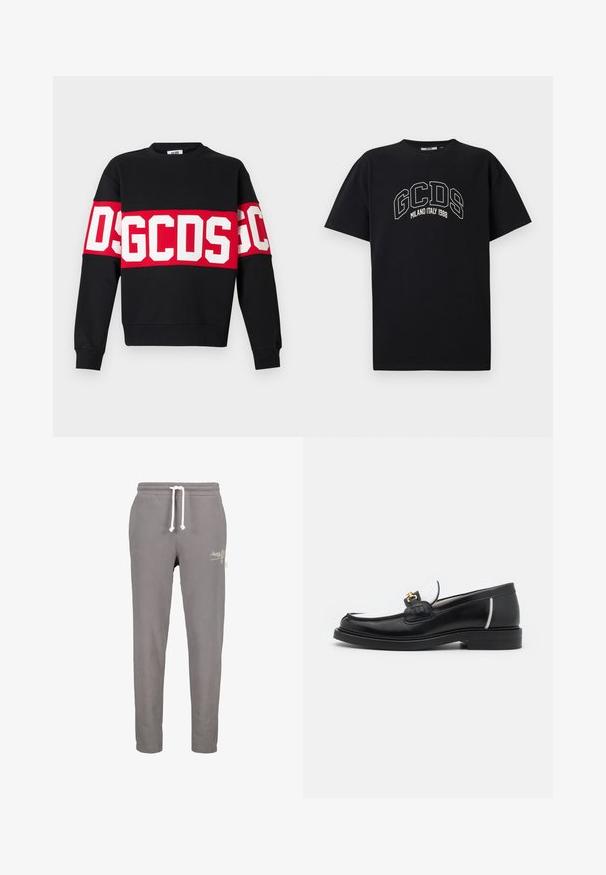 Schwarzer Pullover mit einem breiten roten Streifen und großen weißen Buchstaben "DSGDCS" über der Brust. Klassischer Rundhalsausschnitt und gerippte Bündchen.; Schwarzes Baumwoll-T-Shirt mit kurzen Ärmeln. Mit weißem GCDS-Logo und dem Text "MILANO ITALY 1988" in einem Bogen. Standard Passform und Rundhalsausschnitt.; Graue Jogginghose mit elastischem Bund, verstellbarem Kordelzug und Seitentaschen. Verfügt über dezente weiße Logo-Stickerei auf der Vorderseite.; Schwarze Lederloafers mit runder Zehenpartie, weißen Akzenten und goldenen Beschlägen auf dem Vorderblatt. Verfügt über ein strukturiertes Patch und einen gestapelten Absatz.