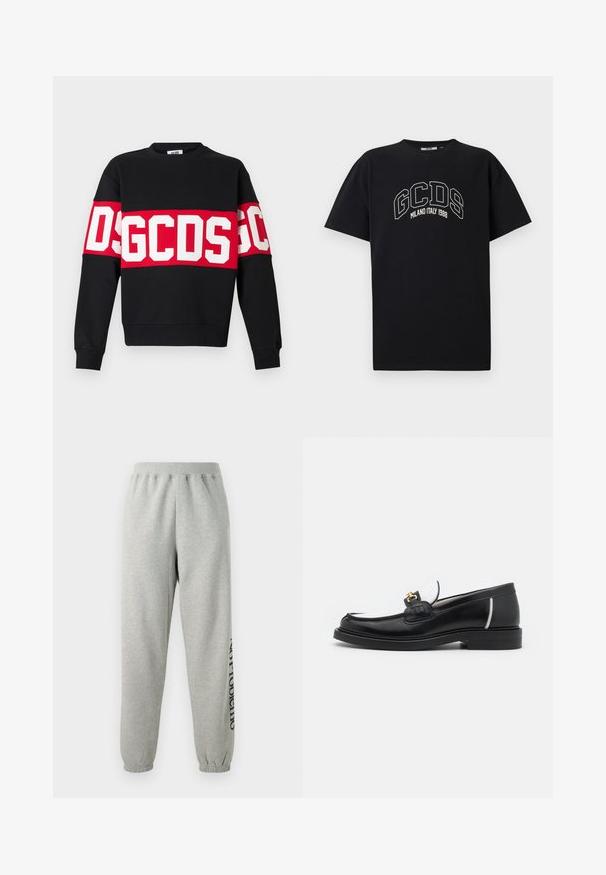 Zwarte sweatshirt met een brede rode band en grote witte letters "DSGDCS" op de borst. Klassieke ronde hals en geribbelde manchetten.; Zwarte katoenen t-shirt met korte mouwen. Bevat een wit GCDS-logo en de tekst "MILANO ITALY 1988" in een boog. Standaard pasvorm en ronde hals.; Grijze sweatpants van een zachte katoenmix, met een elastische tailleband en boorden, en een bedrukte tekstdetail langs de zijkant.; Zwarte leren instapper met een ronde neus, witte accenten en gouden hardware op de wreef. Bevat een getextureerde patch en een gestapelde hak.