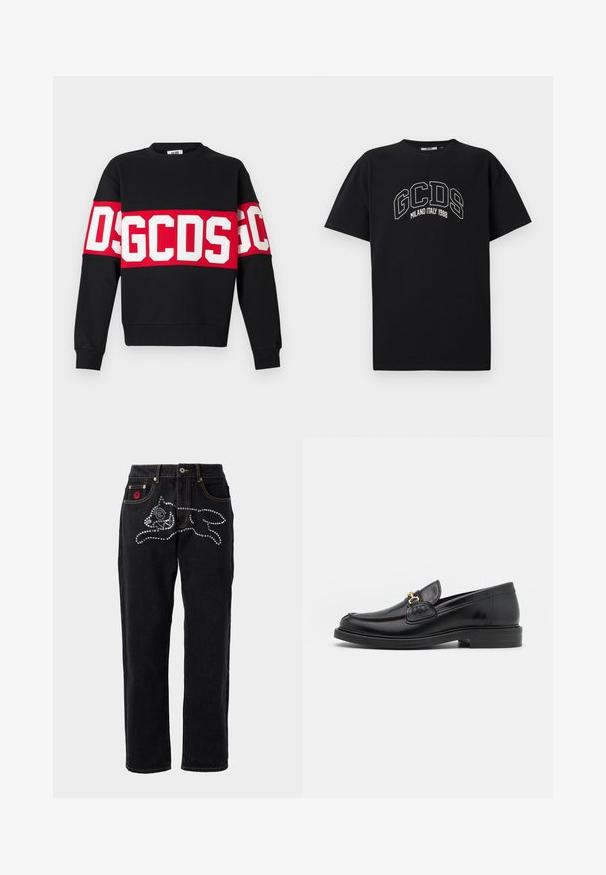 Sweatshirt preto com uma ampla faixa vermelha onde se lê em letras grandes e brancas "DSGDCS" no peito. Gola redonda clássica e punhos com canelura.; T-shirt de algodão preto com mangas curtas. Apresenta o logótipo GCDS em branco e o texto "MILANO ITALY 1988" em formato de arco. Ajuste padrão e gola redonda.; Jeans de ganga pretos com um design de perna reta, apresentando adornos prateados em um padrão, costura em contraste e uma etiqueta de logotipo no bolso.; Mocassins de couro preto com bico arredondado, apresentando detalhes em metal dourado e costura, montados sobre uma sola de borracha texturizada e baixa.