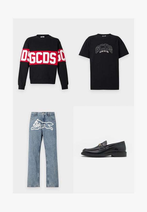 Sweatshirt preto com uma ampla faixa vermelha onde se lê em letras grandes e brancas "DSGDCS" no peito. Gola redonda clássica e punhos com canelura.; T-shirt de algodão preto com mangas curtas. Apresenta o logótipo GCDS em branco e o texto "MILANO ITALY 1988" em formato de arco. Ajuste padrão e gola redonda.; Icecream PANT - Calças de ganga de corte relaxado - vintage wash blue; Mocassins de couro preto com bico arredondado, apresentando detalhes em metal dourado e costura, montados sobre uma sola de borracha texturizada e baixa.