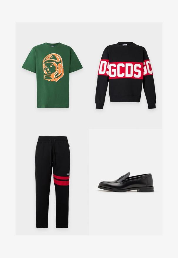 Černá mikina s širokým červeným pruhem a velkými bílými písmeny "DSGDCS" přes hruď. Klasický kulatý výstřih a žebrované manžety.; Zelené bavlněné tričko s velkým oranžovým grafickým potiskem astronauta na přední straně, s krátkými rukávy a volným střihem.; Černé tepláky s kontrastními červenými pruhy a logem po straně. Obsahují elastický pas se šňůrkou a zúžené nohavice u kotníků.; Černé kožené polobotky s hladkou texturou, zaoblenou špičkou a zdobným páskem přes nárt. Nízký stohovaný podpatek, minimalistický design.