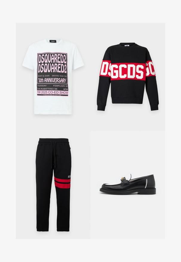 Felpa nera con una ampia fascia rossa con grandi lettere bianche "DSGDCS" sul petto. Collo rotondo classico e polsini a costine.; T-shirt bianca in cotone con grafica testuale nera e rosa per i dettagli dell'evento del 30° anniversario di DSQUARED2, maniche corte e colletto girocollo.; Pantaloni sportivi neri con strisce rosse a contrasto e logo sul lato. Presentano una vita elastica con cordino e polsini alla caviglia a punta.; Mocassino in pelle nera con punta arrotondata, accenti bianchi e dettagli in oro sulla parte anteriore. Presenta un patch testurizzato e un tacco impilato.