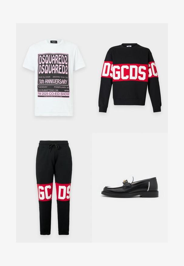 Sweatshirt noir avec une large bande rouge et de grandes lettres blanches "DSGDCS" sur la poitrine. Col ras du cou classique et poignets côtelés.; T-shirt en coton blanc avec un texte graphique noir et rose indiquant les détails de l'événement du 30ème anniversaire de DSQUARED2, manches courtes et col rond.; Pantalon de survêtement noir avec des genouillères rouges arborant de grandes lettres blanches "GCDS", taille élastique avec cordon de serrage, et poignets élastiques fuselés.; Mocassin en cuir noir avec un bout arrondi, des accents blancs et des détails en or sur le dessus. Présente un empiècement texturé et un talon empilé.