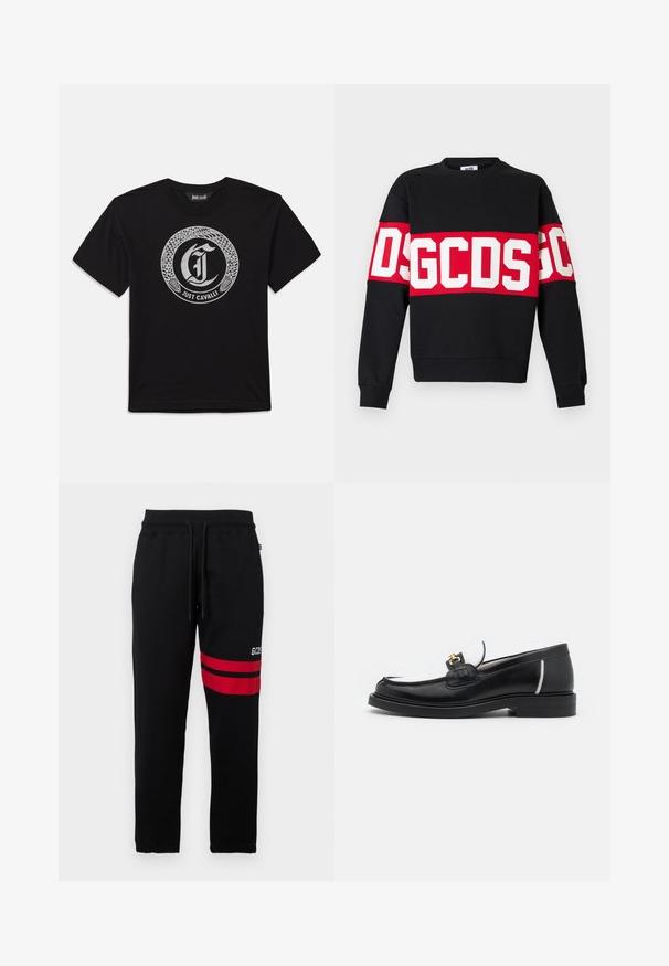 Črna športna majica z širokim rdečim pasom in velikimi belimi črkami "DSGDCS" čez prsa. Klasičen kroj s krožnim izrezom in rebrastimi manšettami.; Črna kratka majica s kratkimi rokavi z okroglo srebrno zasnovo kače, ki obkroža gotsko črko "J" in besedilom "Just Cavalli" spodaj.; Črne trenirke s kontrastnimi rdečimi črtami in logotipom na strani. Imajo elastičen pas z vrvico in zožene manšete pri gležnjih.; Črne usnjene loafer čevlje z zaobljenim prstom, belimi detajli in zlatim okovjem na vampu. Imajo teksturiran del in zložen peto.