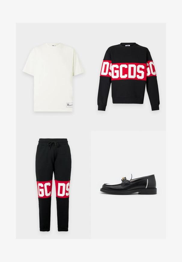 Schwarzer Pullover mit einem breiten roten Streifen und großen weißen Buchstaben "DSGDCS" über der Brust. Klassischer Rundhalsausschnitt und gerippte Bündchen.; Weißes Baumwoll-T-Shirt mit Rundhalsausschnitt, kurzen Ärmeln und einem quadratischen Etikett an der unteren linken Seite, das ein Logo zeigt. Glatte Textur, lässiges Design.; Schwarze Sweatpants mit roten Knie-Patches, großen weißen Buchstaben "GCDS", elastischem Bund mit Kordelzug und tapered elastischen Bündchen.; Schwarze Lederloafers mit runder Zehenpartie, weißen Akzenten und goldenen Beschlägen auf dem Vorderblatt. Verfügt über ein strukturiertes Patch und einen gestapelten Absatz.
