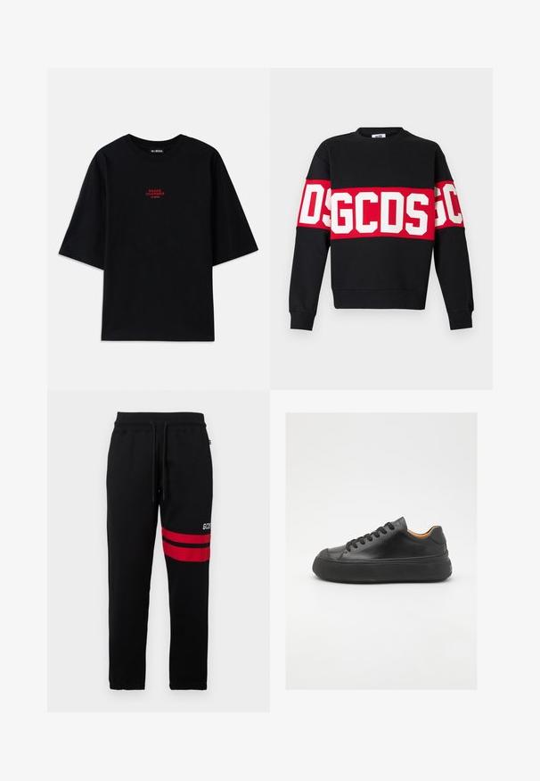 Czarna bluza z szerokim czerwonym pasem z dużymi białymi literami "DSGDCS" na klatce piersiowej. Klasyczny okrągły dekolt i ściągacze na mankietach.; Czarna bawełniana koszulka z krótkimi rękawami i okrągłym dekoltem. Z przodu znajduje się czerwony grafika "SNAKE CHARMER".; Czarne dresy z kontrastującymi czerwonymi paskami i logo z boku. Posiadają elastyczny pasek w talii z sznurkiem do regulacji oraz zwężane mankiety u kostek.; Czarne skórzane trampki z okrągłym noskiem, sznurowanym przodem, gładką teksturą, grubą gumową podeszwą i kontrastującym, tanowym wnętrzem.