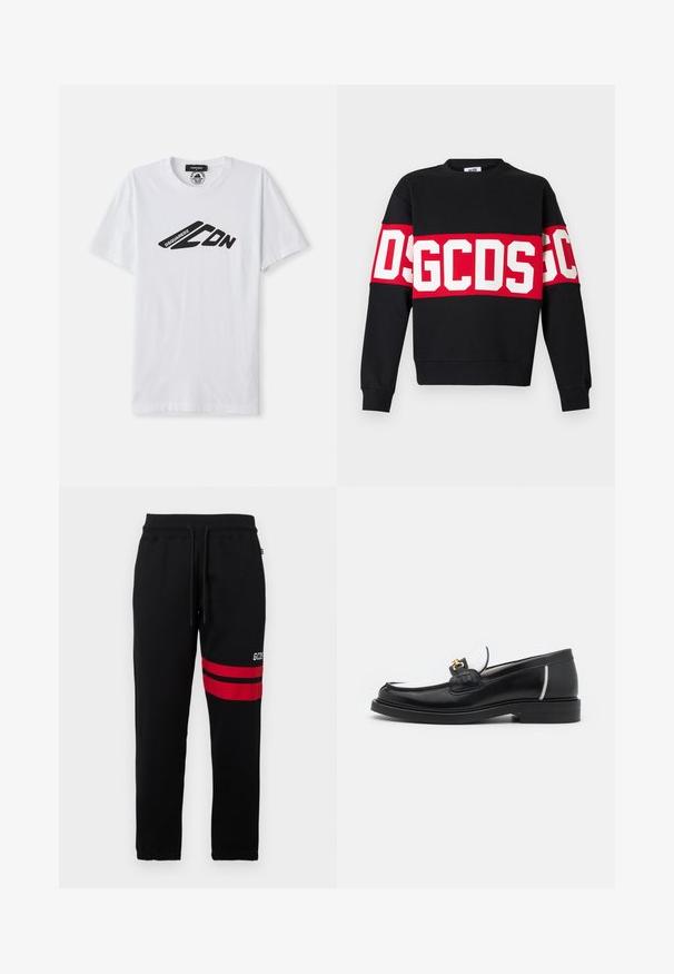 Black sweatshirt featuring a wide red band with large white letters "DSGDCS" across the chest. Classic crew neck and ribbed cuffs.; White cotton t-shirt with short sleeves and a round neckline. Features a black graphic logo, "DSQUARED2 CDN," across the chest.; Black sweatpants with contrast red stripes and logo on the side. Features an elastic waistband with drawstring and tapered ankle cuffs.; Black leather loafer with a rounded toe, white accents, and gold hardware on the vamp. Features a textured patch and stacked heel.