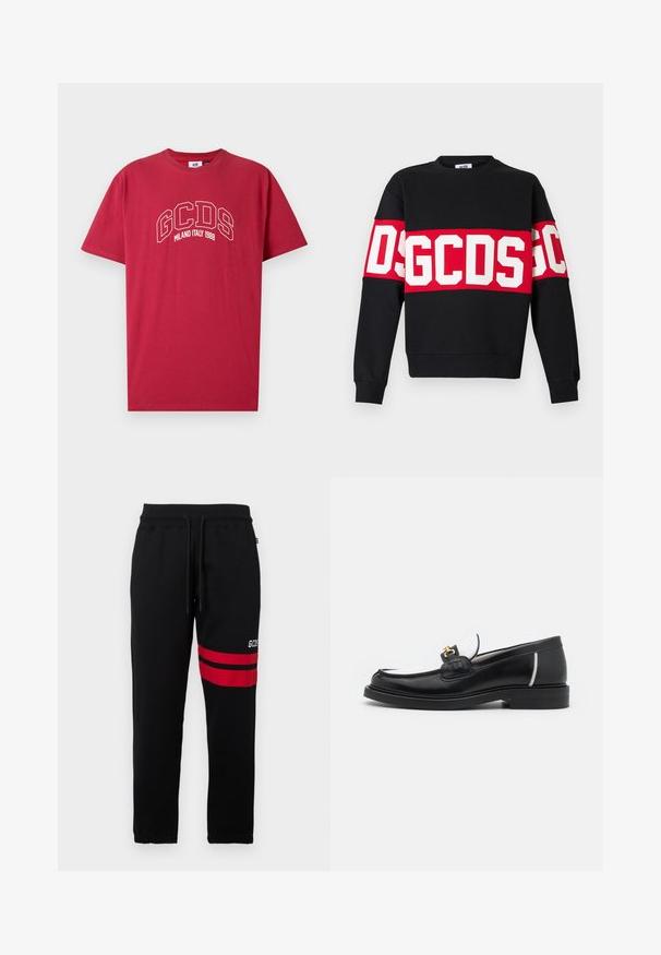 Melns sporta krekls ar platām sarkanām svītrām un lieliem baltiem burtiem "DSGDCS" krūtīs. Klasiska apaļa kakla izgriezums un ribas aproces.; Sarkana kokvilnas T-krekls ar īsām piedurknēm, kurā ir balts izšūts teksts "GCDS MILANO ITALIJA 1988" ar arku dizainu. Apaļš kakla izgriezums.; Melni treniņbikses ar kontrastējošām sarkanām svītrām un logotipu sānos. Iekļauj elastīgu jostasvietu ar auklu un sašaurinātas potītes.; Melnas ādas loferes ar noapaļotu purngalu, baltajiem akcentiem un zeltainām detaļām uz vamp. Iespējams, teksturēts pleksis un sakrauta papēža.