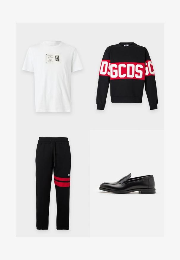 Sort sweatshirt med et bredt rødt bånd med store hvide bogstaver "DSGDCS" på tværs af brystet. Klassisk rund hals og ribbede manchetter.; Hvid bomulds T-shirt med et sort-hvidt grafisk print af et kranie inden for en rektangulær kant på fronten. Korte ærmer, rund hals.; Sorte sweatpants med kontrastfarvede røde striber og logo på siden. Har elastisk talje med snøre og tætsiddende ankler.; Sorte læderloafers med en glat overflade, rund tå og en dekorativ strop over vampen. Lav hæl med stabeldesign, minimalistisk stil.