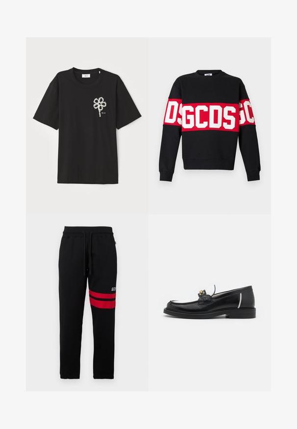 Black sweatshirt featuring a wide red band with large white letters "DSGDCS" across the chest. Classic crew neck and ribbed cuffs.; Black cotton t-shirt with a round neckline and short sleeves, featuring a white embroidered flower design on the left chest area.; Black sweatpants with contrast red stripes and logo on the side. Features an elastic waistband with drawstring and tapered ankle cuffs.; Black leather loafer with a rounded toe, white accents, and gold hardware on the vamp. Features a textured patch and stacked heel.