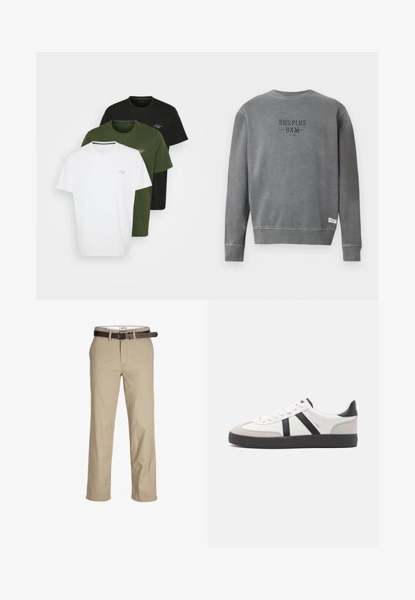 Pelēks ilgām piedurknēm kreklas ar apvalku, uz kura krūšu daļas melnā krāsā ir uzdrukāts teksts "SURPLUS DNM", un neliela balta birka netālu no hem.; Trīs īso piedurkņu T-krekli baltā, olīvzaļa un melnā krāsā. Katram ir apaļa kakla izgriezums un mazs logo uz krūšu daļas. Ražoti no kokvilnas.; Beige kokvilnas bikses ar taisnu griezumu, ar jostu cilpiņām, brūnu ādas jostu un klasisku dizainu. Gluda, izturīga tekstūra.; Baltas sneakeris ar melniem un pelēkiem akcentiem, kuram ir teksturēts pelēks purngals, melna gumijas zole un plakanas baltas šņores. Tīrs dizains, minimālisma stils.
