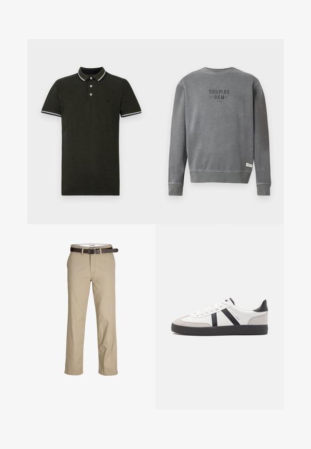 Siva dolga majica s kratkimi rokavi crewneck z natisnjenim besedilom "SURPLUS DNM" v črni barvi na prsih in majhno belo oznako blizu roba.; Temnozeleni polo majica iz teksturirane tkanine. Ima dvogumbasto zapenjanje, kontrastni ovratnik in manšete v belem in mornarsko modrem črtastem vzorcu.; Bežna bombažna hlače s ravnim krojem, z zankami za pas, rjavim usnjenim pasom in klasičnim dizajnom. Gladka, trdna tekstura.; Bela športna obutev z črnimi in sivo akcenti, z teksturirano sivo kapico za prste, črnim gumijastim podplatom in ravnimi belimi vezalkami. Čista zasnova, minimalistični slog.